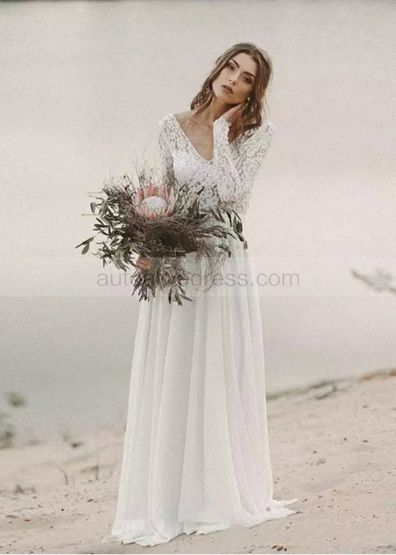 Long Sleeve Ivory Lace Chiffon Beach Wedding Dress Long Sleeve Ivory Lace Chiffon Beach Wedding Dress